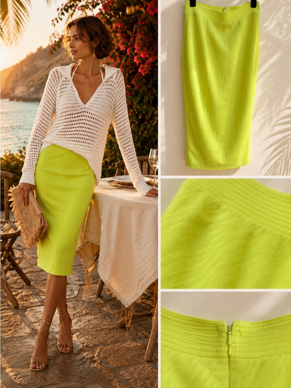 Bariano Chartreuse Lime Textured Cocktail Midi Skirt Small Resort Neon